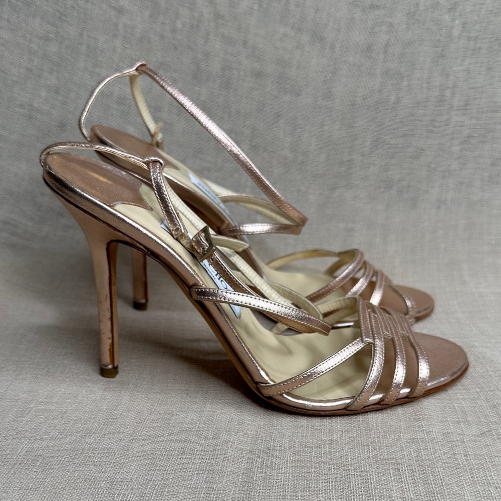 Jimmy Choo Metallic Rose Gold Strappy Heels - Picture 2 of 14